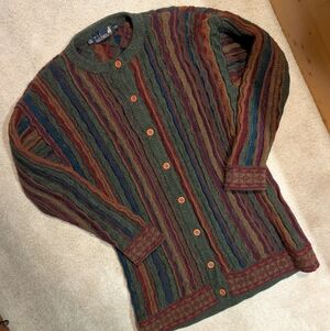 Vintage 90s 100% Wool Green Striped Cardigan